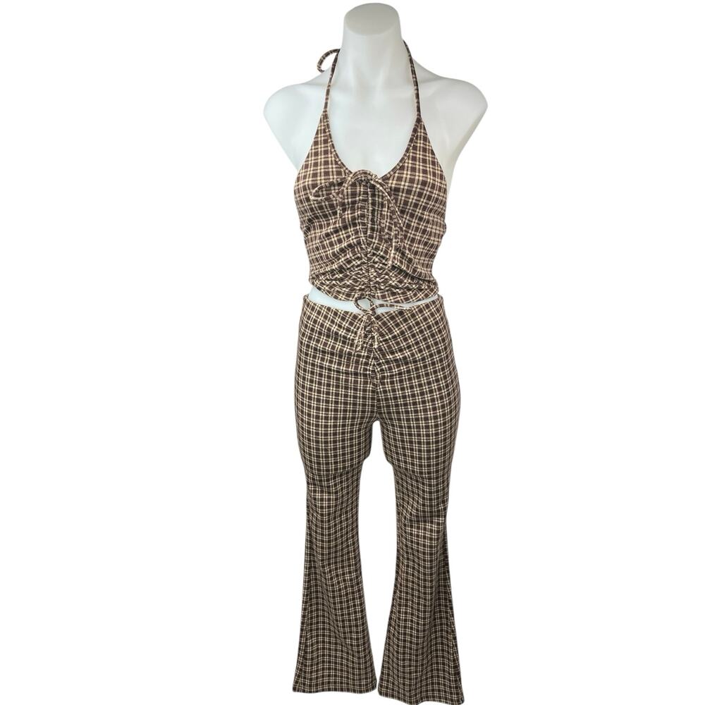 Princess Polly Brown Plaid Checkered Halter Crop Top & Bell Bottom Pants Set 0